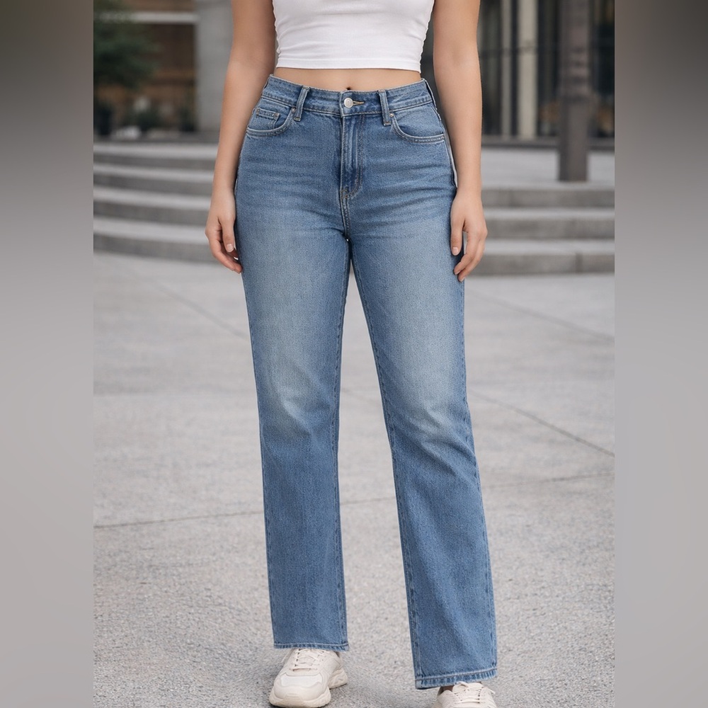 High waisted straight leg blue jeans light wash jeans high rise jeans denim